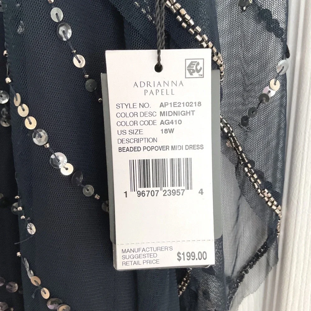 Adrianna‎ Papell Midnight Navy Sequin Beaded Popover Midi Dress 18W NWT